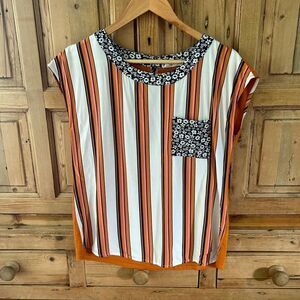 Porridge Clothing Womens XS‎ Striped Blouse Tee Orange White Blue Floral Trim
